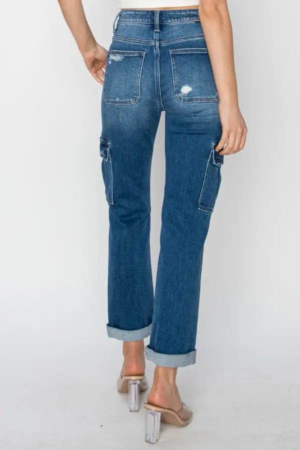 High Rise Cargo Ankle Roll Up Denim Jeans