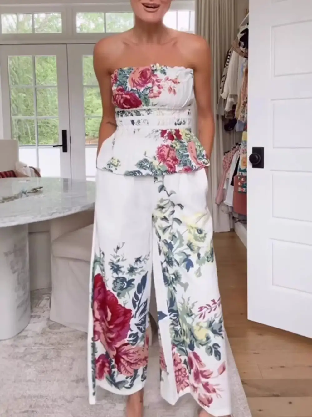Floral Print Strapless Top and Wide Leg Pants Set