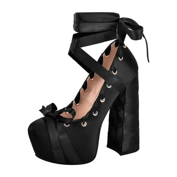 Bow Accent Pointed Toe Platform Chunky Heel Lace Up Pumps