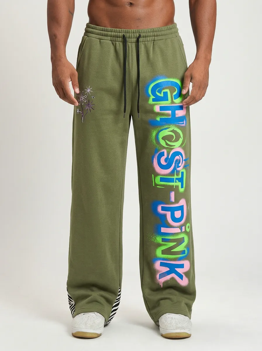 Men's Streetwear Ghost-Pink Graffiti Floral Printed Sweatpants