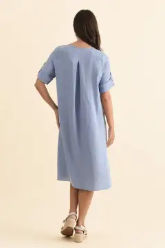 Round-Neck Knee-Length Pocket Linen Half-Sleeve A-Line Relaxed Dress