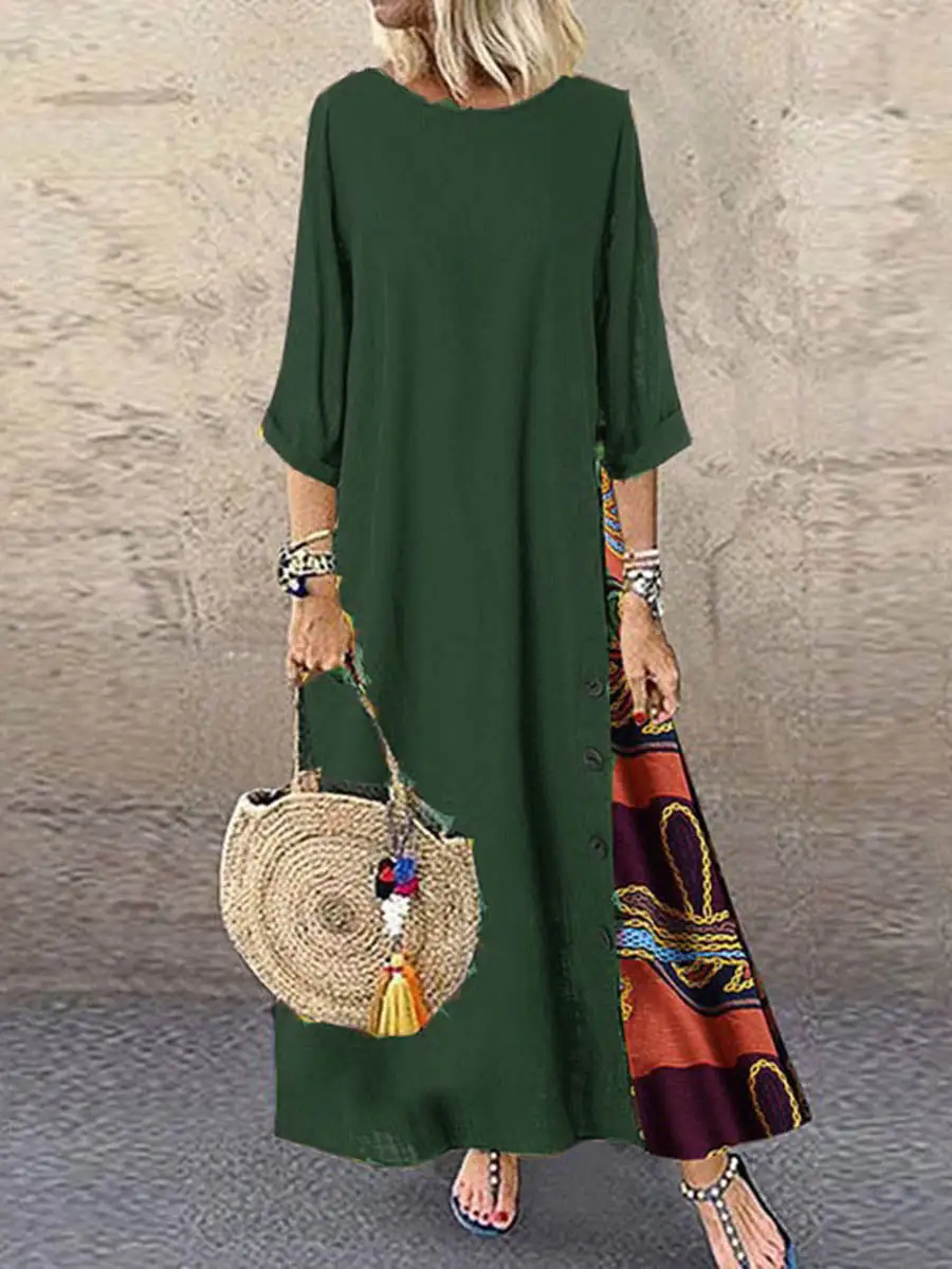 Printed Buttoned Neck Midi Dress