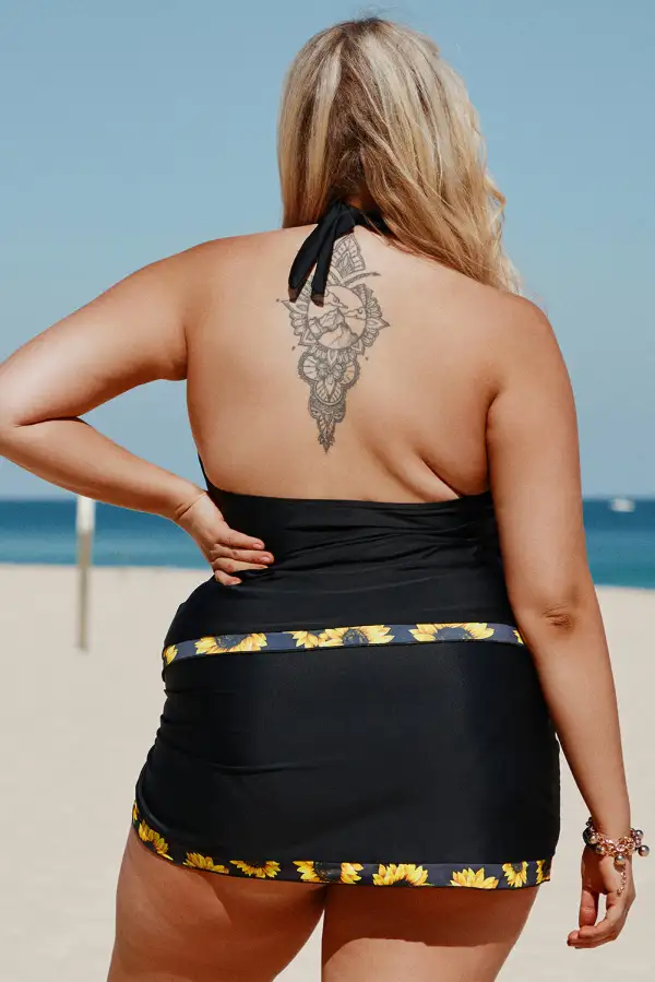 Swimwear Sunflower Strappy Halter Drawstring Side Plus Size Tankini Set