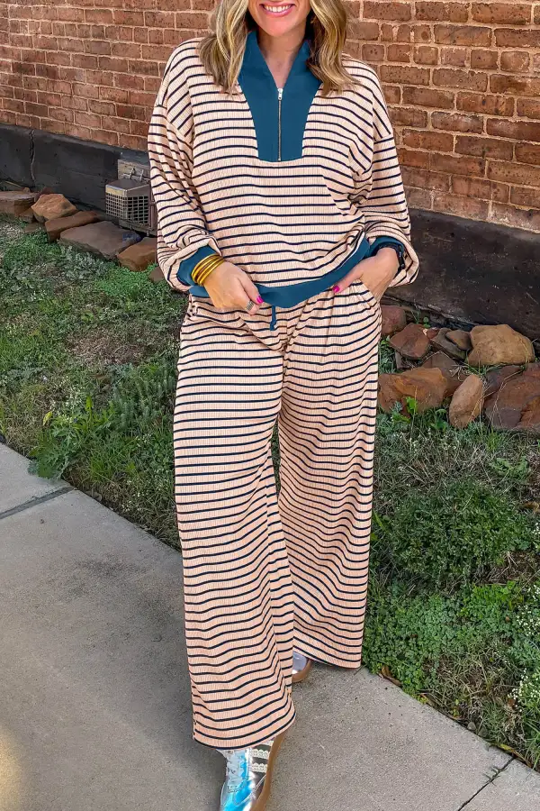 Women's Striped Colorblock V Neck Long Sleeve Set