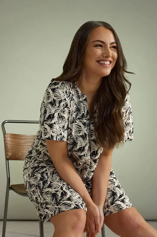 Black Tropical Print Linen Dress