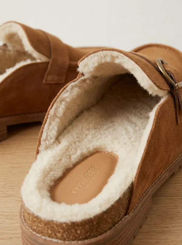 Women's Faux Fur Lined Buckle Detail Clog Style Winter Suede Wood Sole Loafers