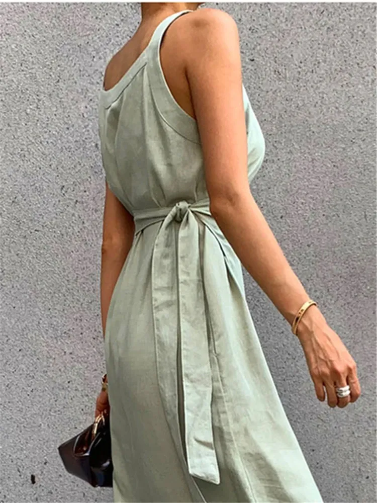 Sleeveless Lace Trim Linen Blend Maxi Dress