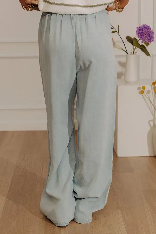High Waist Relaxed Wide Leg Chambray Drawstring Elastic Waist Pants