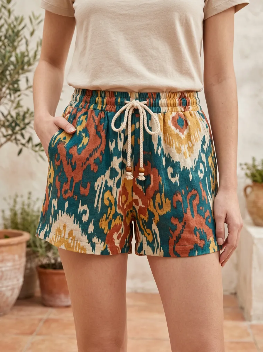 Women's Boho Ethnic Ikat Pattern Beaded Drawstring Printed Shorts