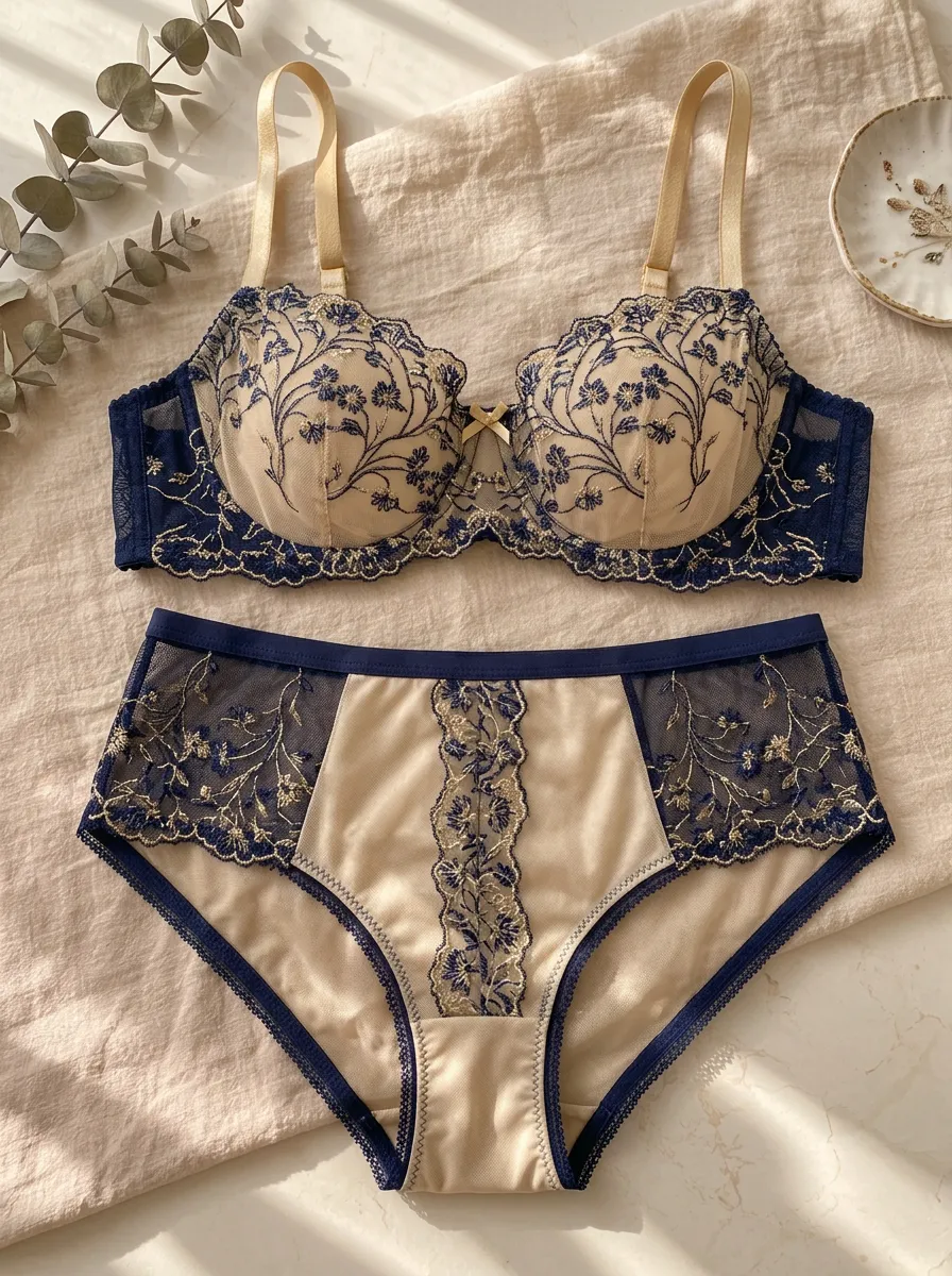 Women's Floral Embroidery And Lace Lingerie Set