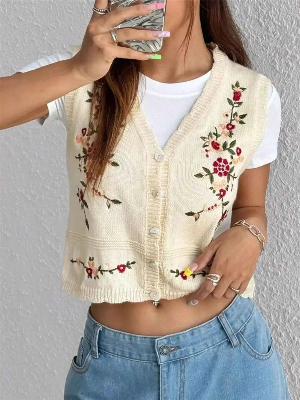 Embroidered Button-Up Sweater Vest