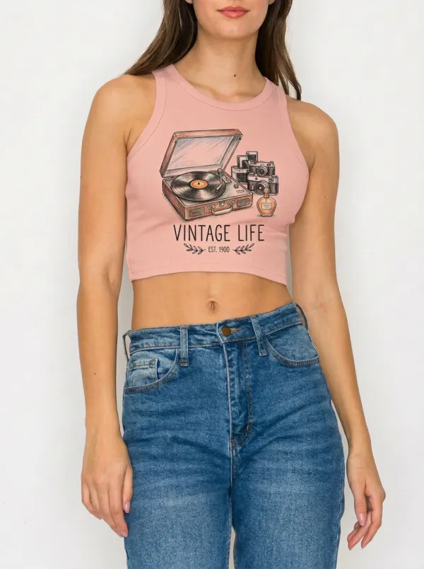 Women's Vintage Life Record Player Camera Graphic Ribbed Crop Tank Top