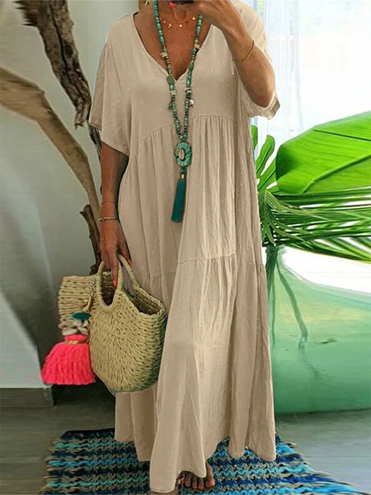 V-Neck Short Sleeve Pleated Midi Dress