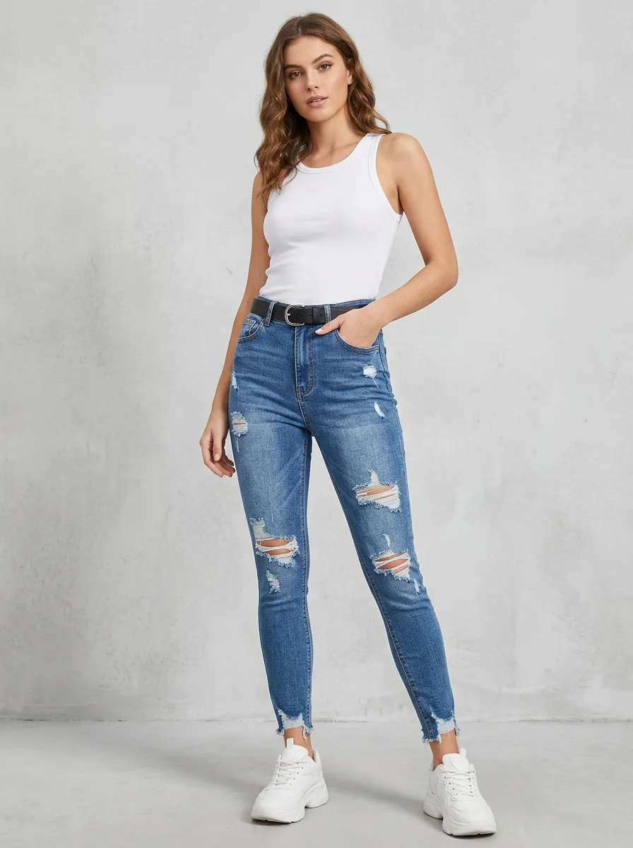 Women's Casual Fashion Distressed Ripped Skinny Denim Jeans