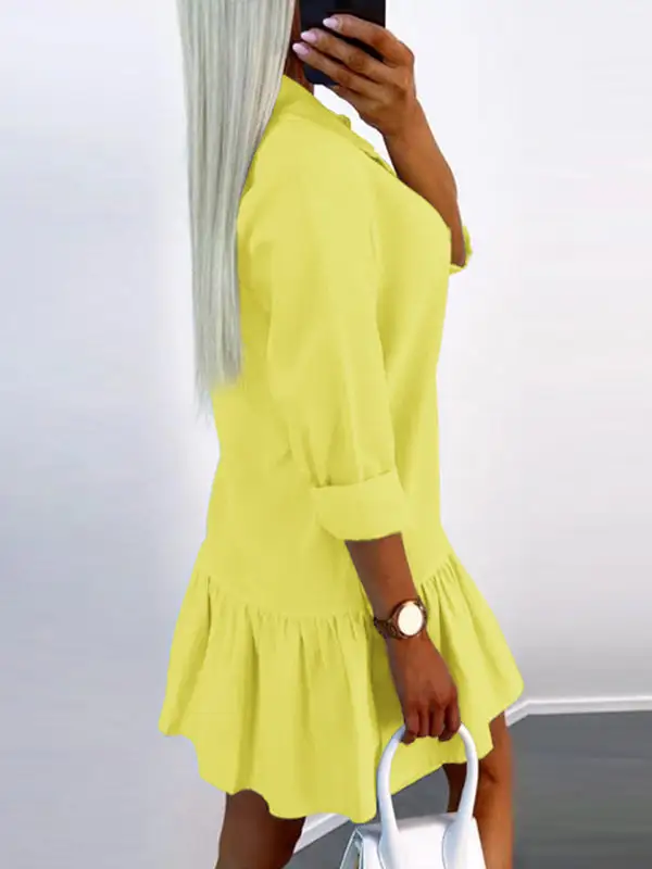 Long Sleeve Relaxed Buttoned Pleated Solid Color Split Joint Lapel Mini