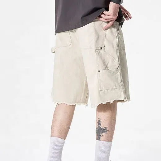 Relaxed Fit Raw Hem Utility Pocket Shorts
