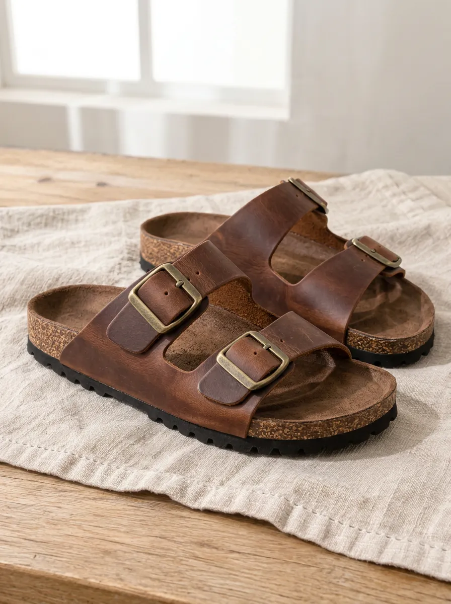 Unisex Classic Two-Strap Buckle Leather Cork Sandals