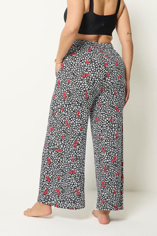 Black Leopard & Cherry Print Crinkle Beachwear Wide Leg Trousers detail 2