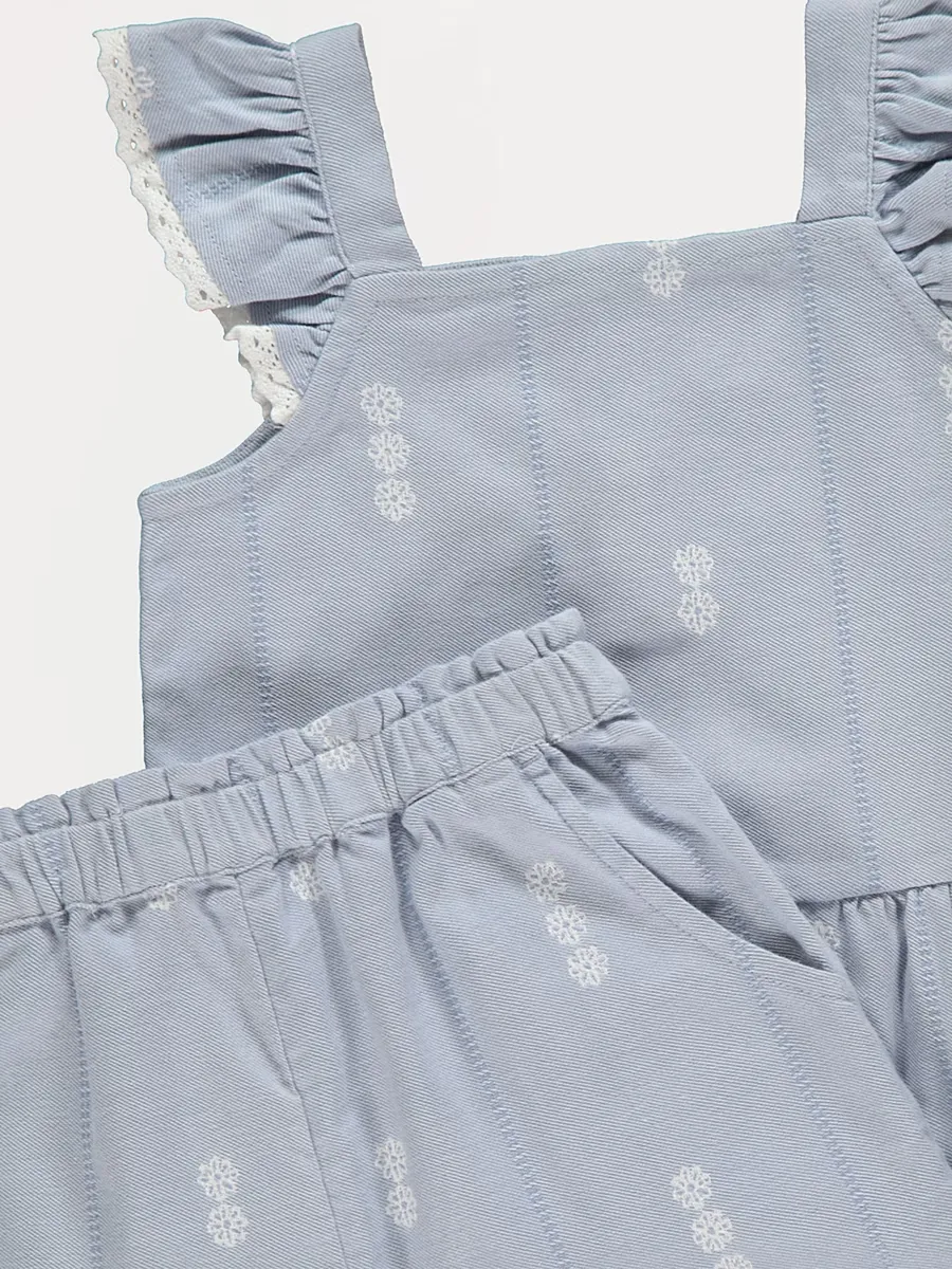 Blue Frill Lace Chambray Top & Trousers Set