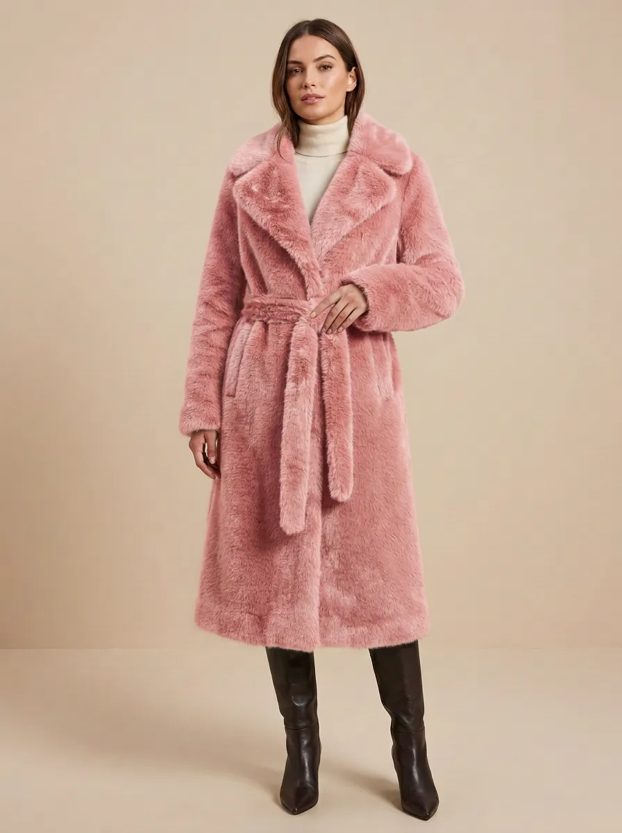 Notched Lapel Solid Faux Fur Coat
