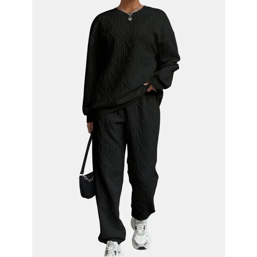 Relaxed Texture Round Neck Top and Pants Set
