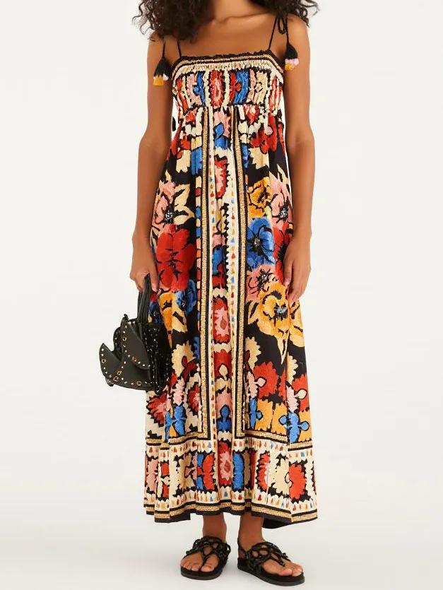 Bohemian Floral Print Smocked Maxi Dress