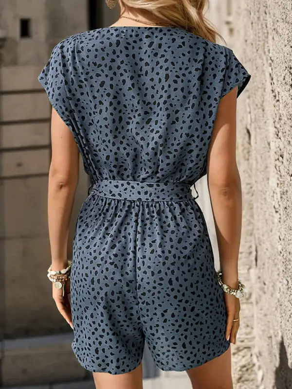 Leopard Print Jumpsuit V Neck Commuter Shorts