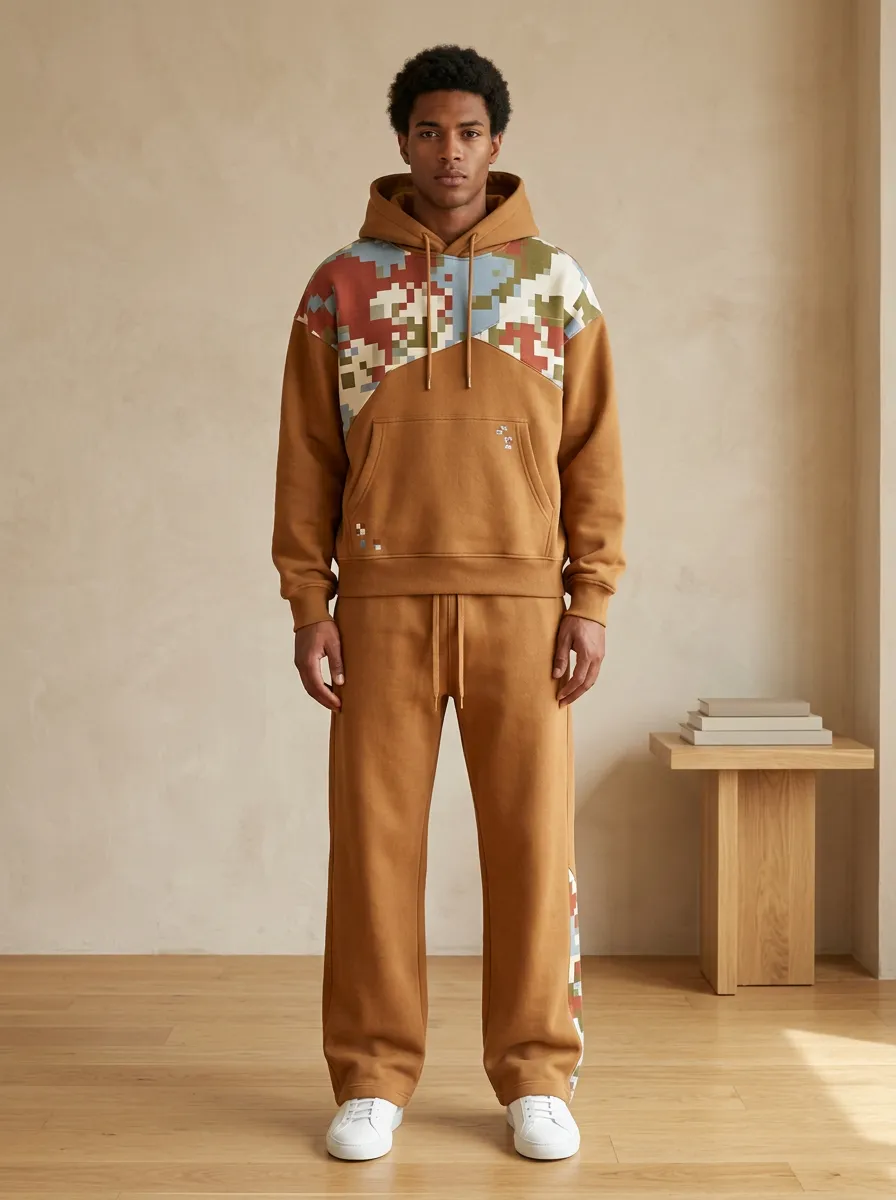 Men's Pixel Camo Pattern Printed Hooded Sweatshirt Set