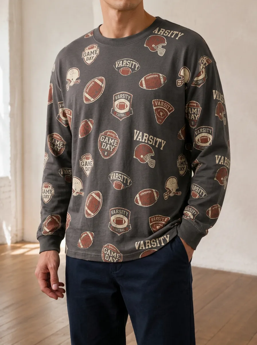 Men's Varsity Football Lover Helmet Printed Long Sleeve Top