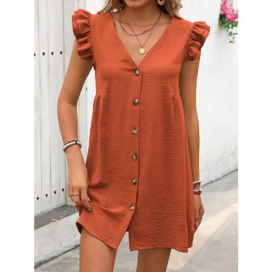 Button Up V-Neck Cap Sleeve Mini Dress