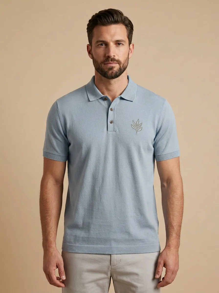 Patterned Leaf-Pattern Embroidered Men's Polo Shirt