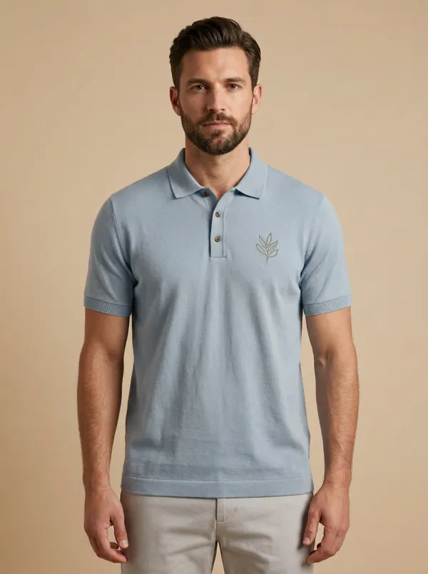 Patterned Leaf-Pattern Embroidered Men's Polo Shirt