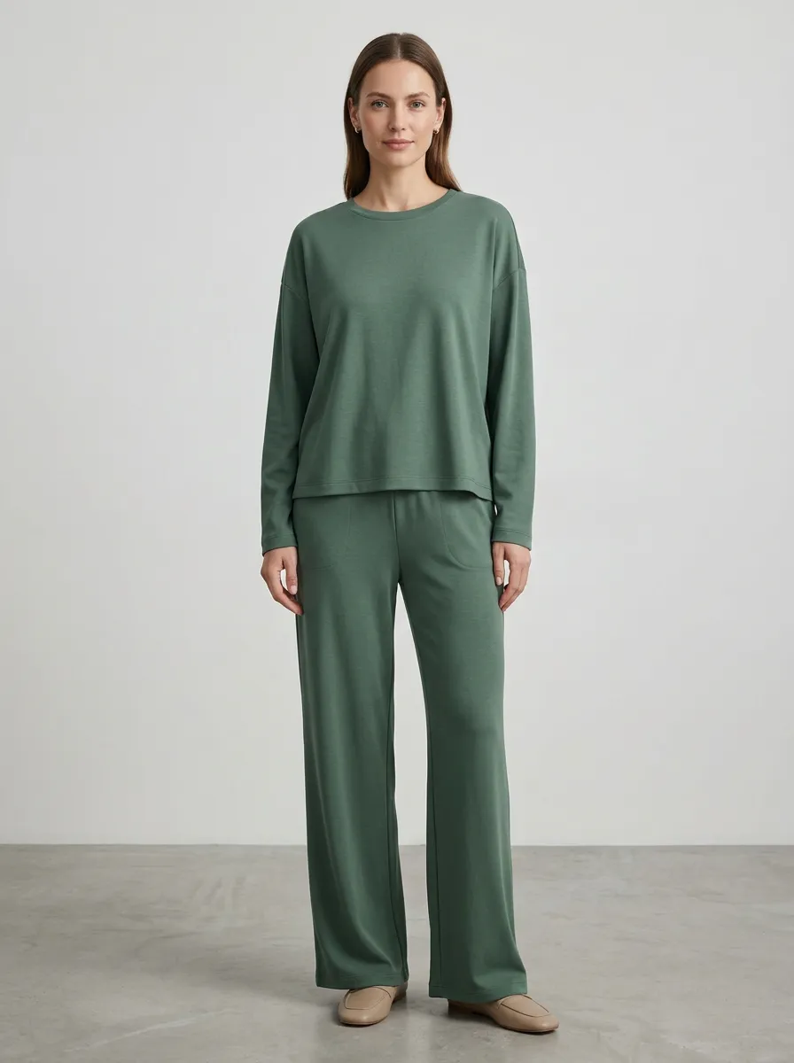 Women's Ribbed Long-Sleeve Drop-Shoulder Crewneck Top And Wide-Leg Trouser Lounge Set