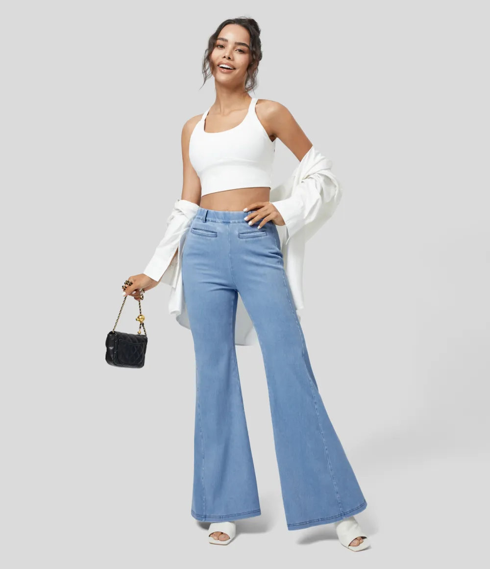 Magic High Waisted Multiple Pockets Washed Stretchy Knit Casual Super Flare Jeans