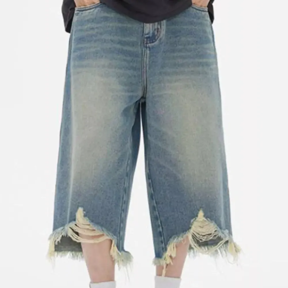 Classic Distressed Wide Leg Washed Denim Shorts