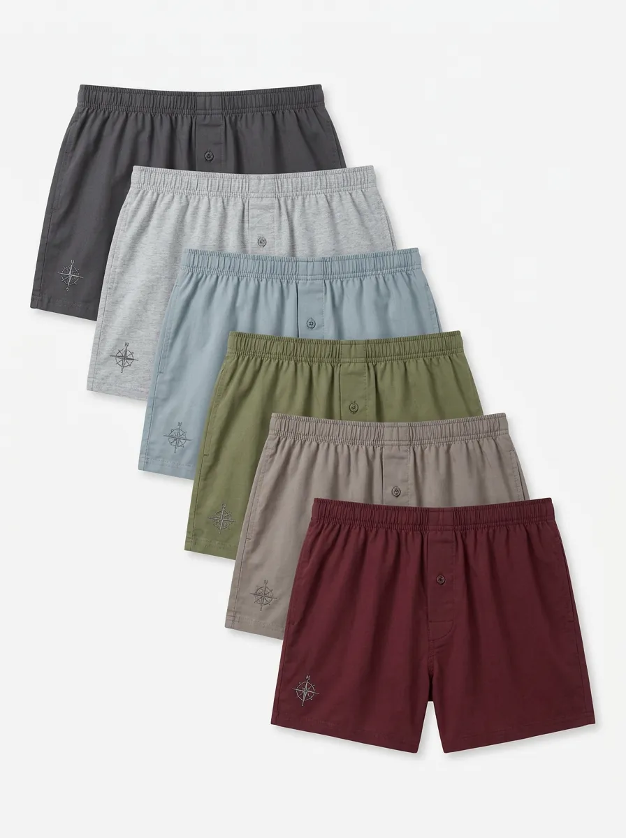 Men's Six-Pair Compass Embroidered Fly-Front Boxer Short Set