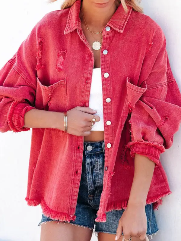 Denim Distressed Mid-Length Relaxed Jacket
