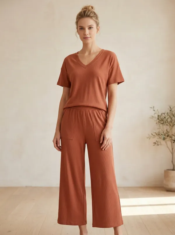 Modern Minimalist Women's V-Neck Casual Lounge Set
