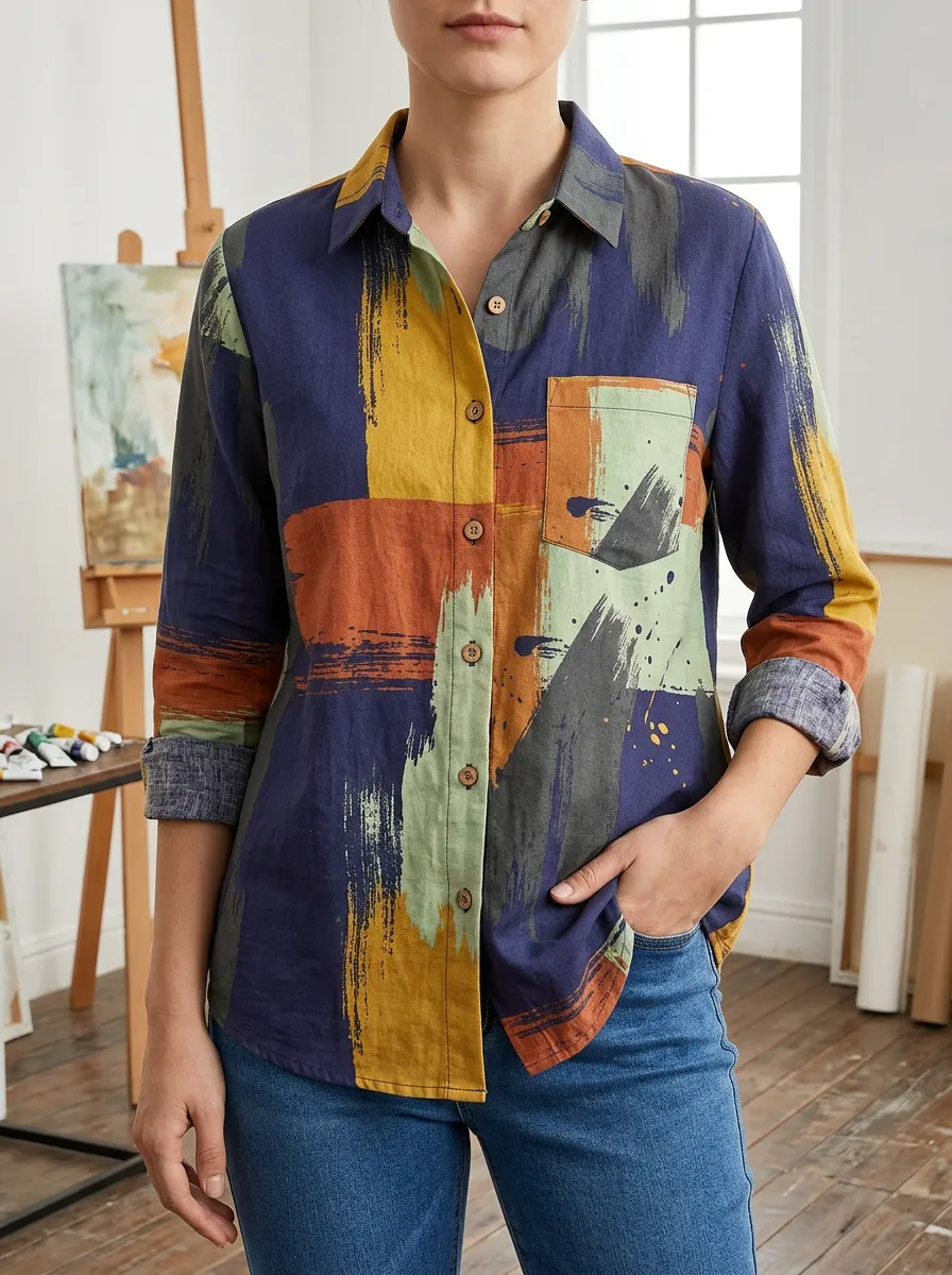 Women's Layered Abstract Art Style Colorblock Shirt