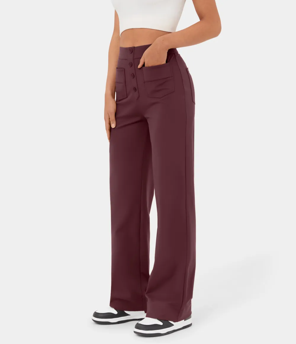 High Waisted Button Multiple Pockets Straight Leg Casual Pants