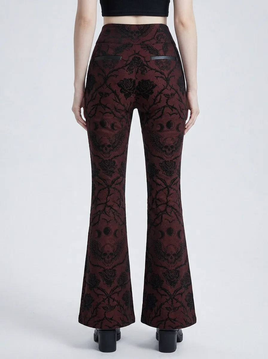 Alternative Skull Rose Moon Dark Look Women's Gothic Flare Pants
