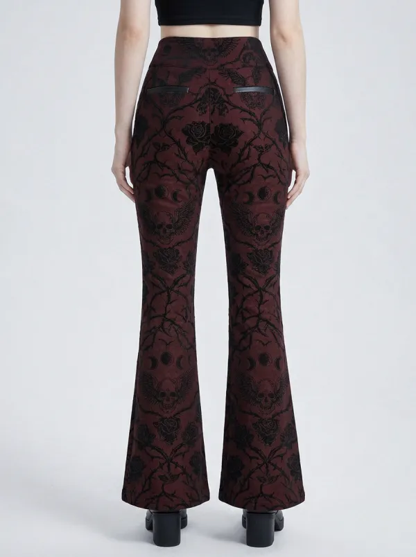 Alternative Skull Rose Moon Dark Look Women's Gothic Flare Pants