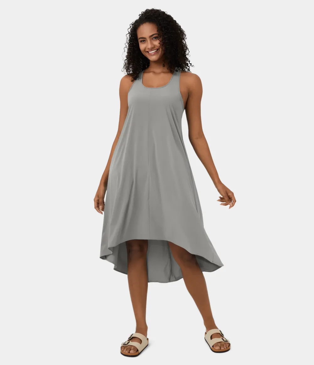 Breezeful Backless Racerback Side Pocket High Low Flowy Midi Quick Dry Casual Dress