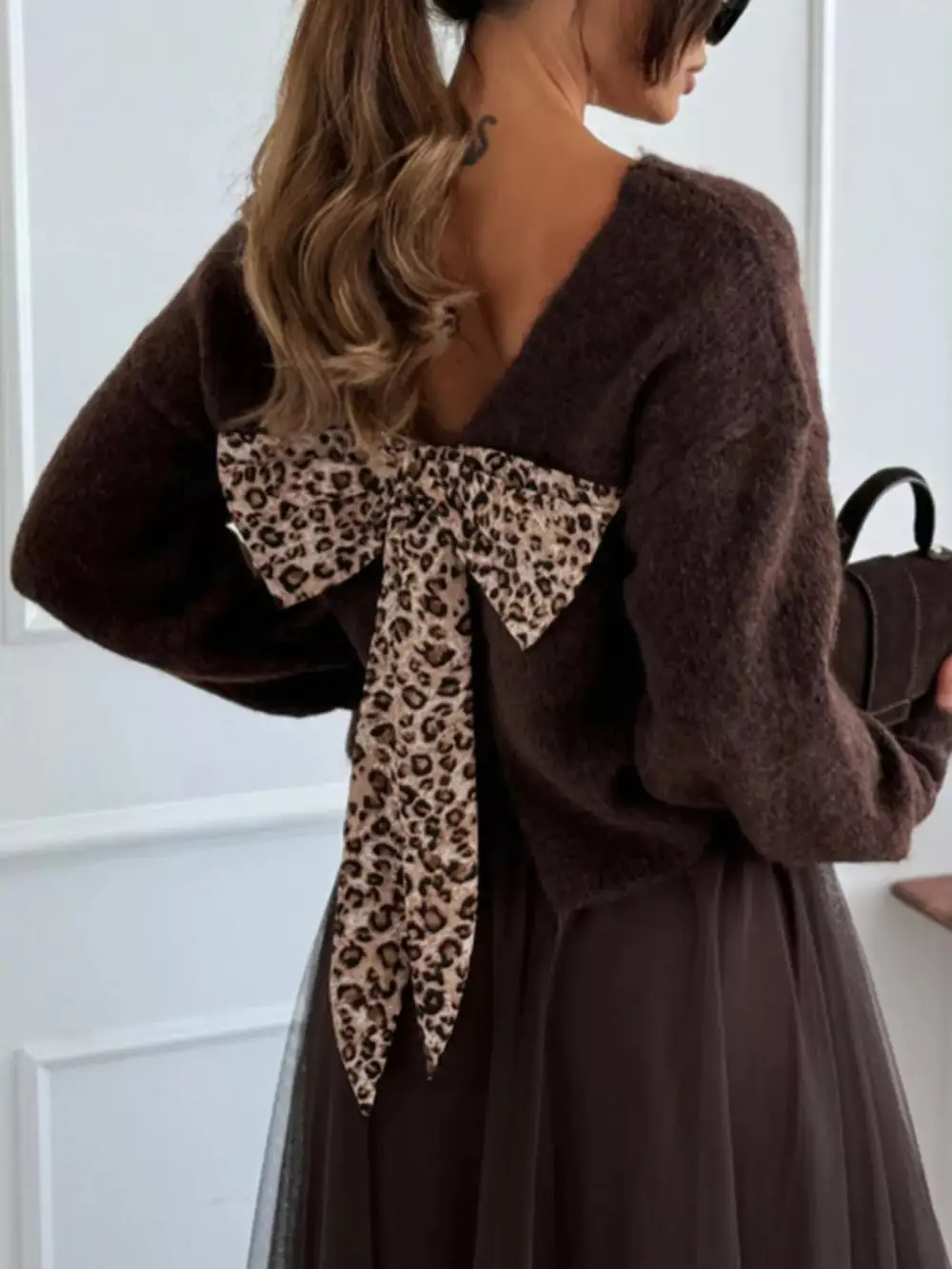 Leopard Bow Dropped Shoulder Sweater