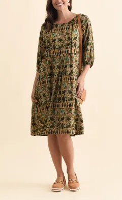 Knee-Length Abstract Cotton Blend Pocket Round-Neck Half-Sleeve A-Line Dress