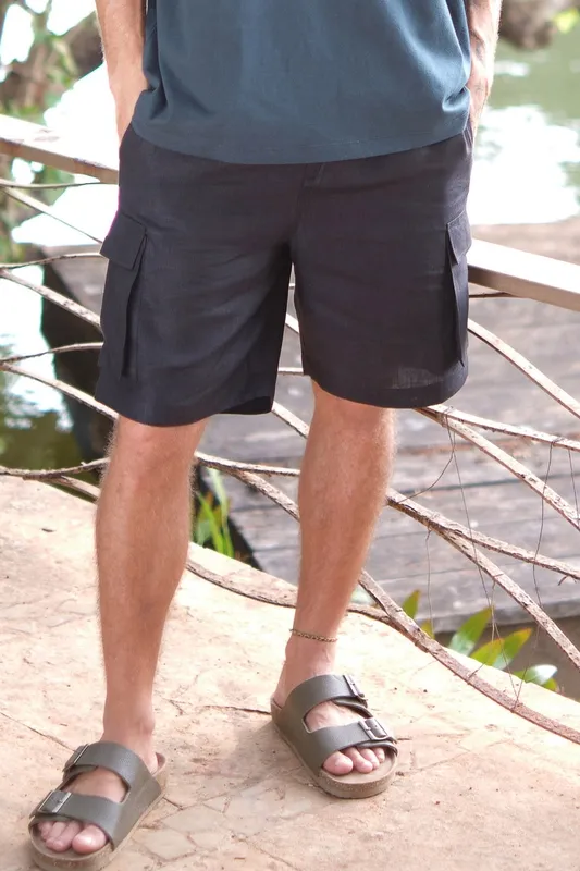 Black Linen Cargo Shorts