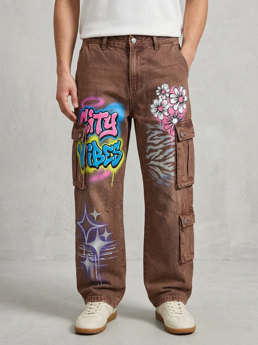 Men's Streetwear City Vibes Graffiti Flower Graphic Cargo Jeans