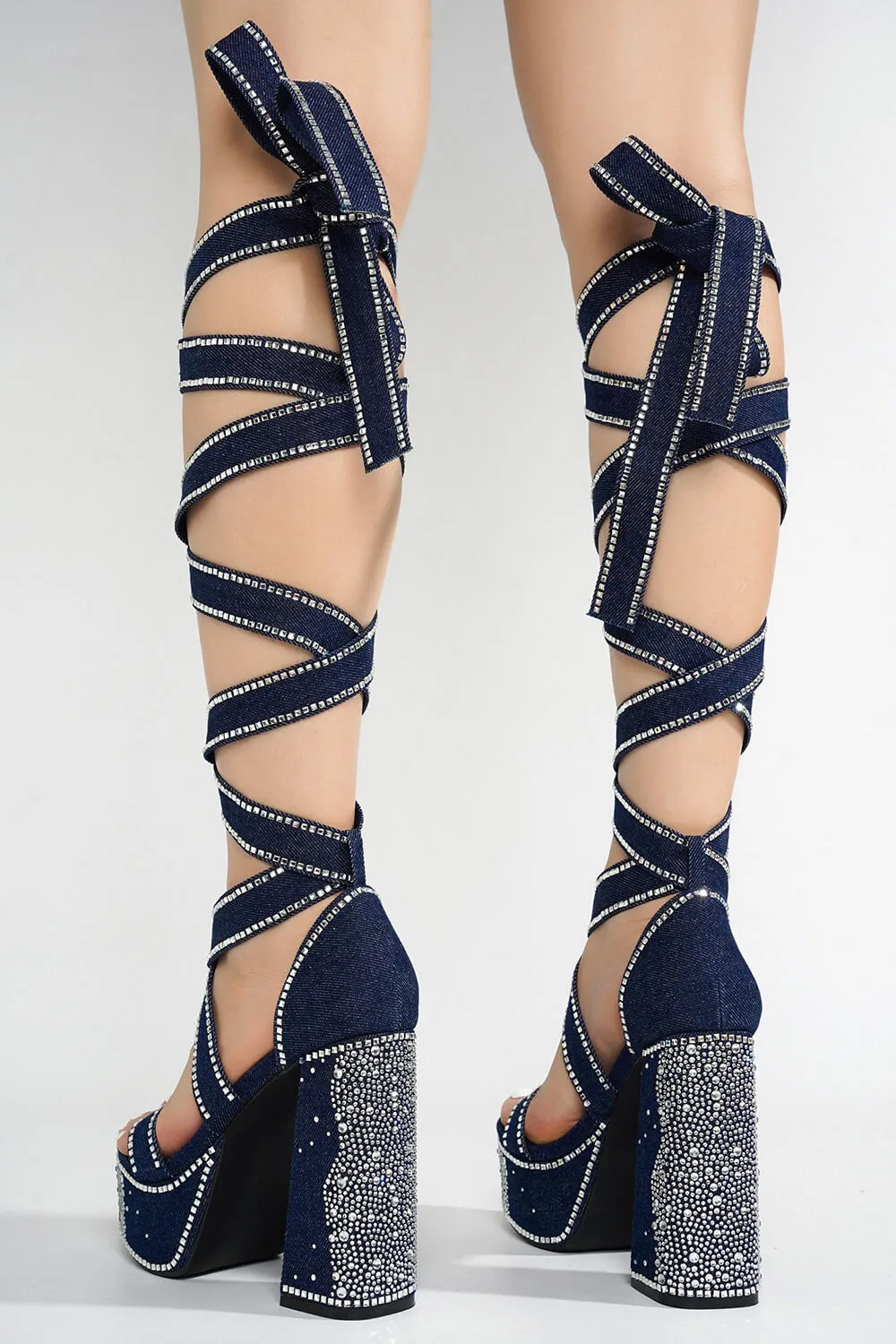 Rhinestone Embellished Lace Up Chunky
