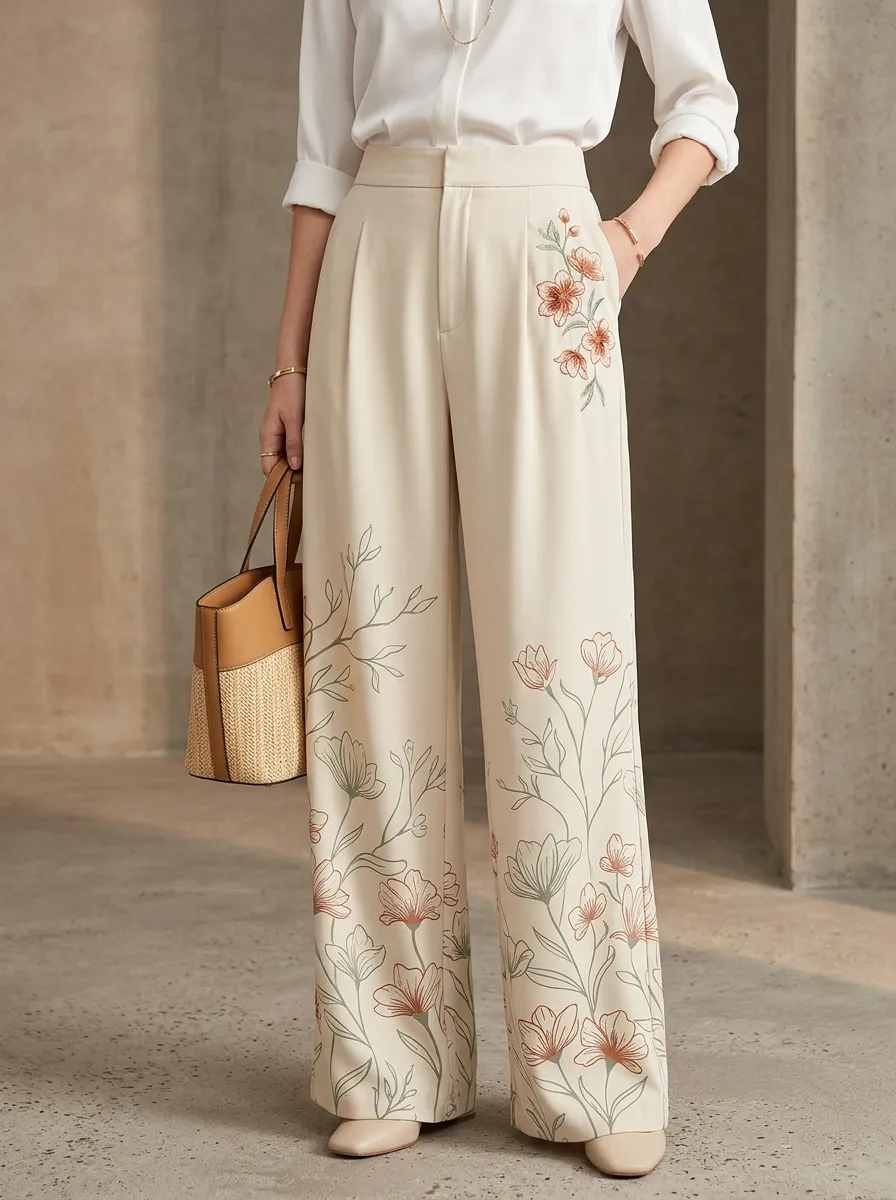 Women's Beige Floral Embroidered Concealed Front Zip High-Waisted Wide-Leg Trousers
