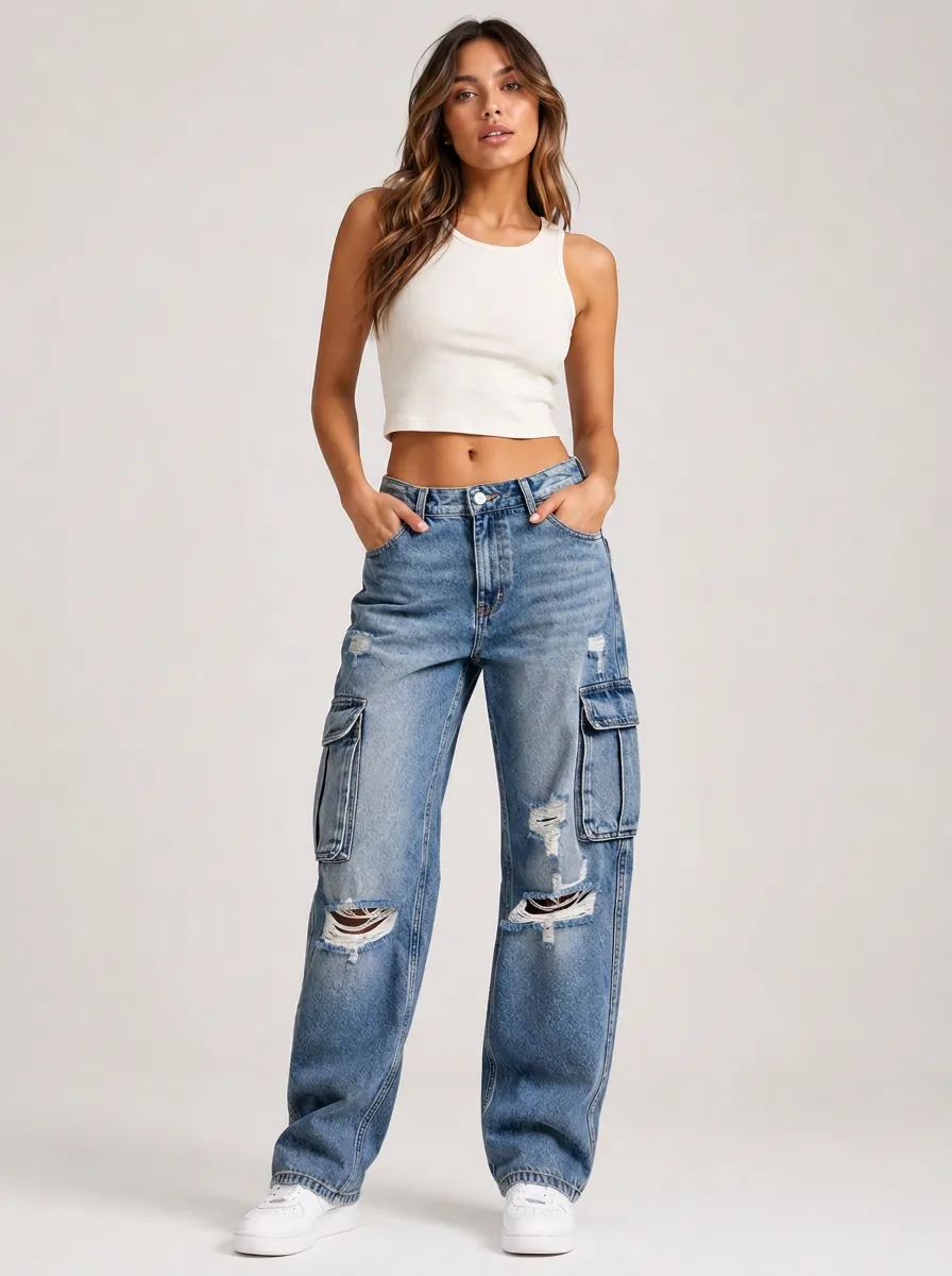 Casual Frayed Denim Pants